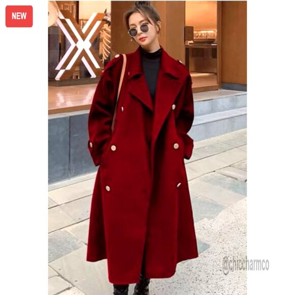 Women's Winter Wool Pea Coat Double Breasted Midi Length Trench Coat - Picture 5 of 5
